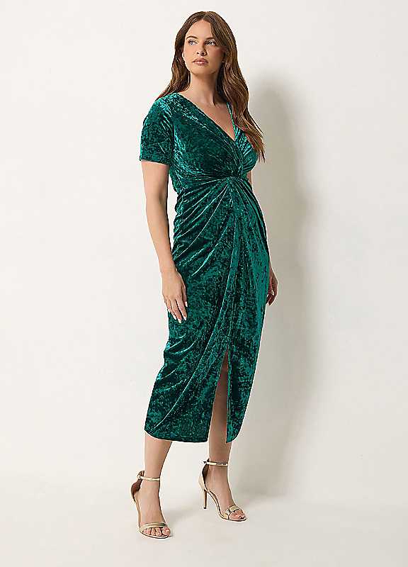 M & Co Women's Green Velvet Knot Front Dress - Image 2