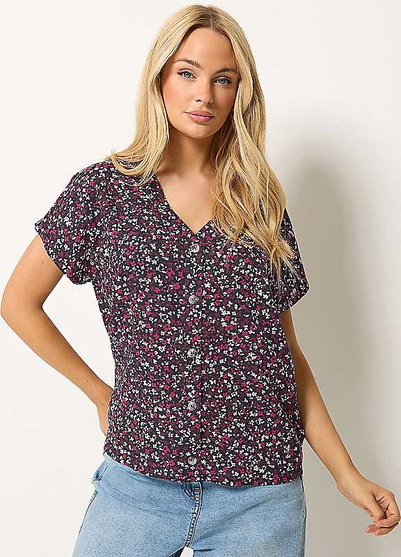 M&Co Women's Purple Floral Print Button Front Blouse In Size 16 - Image 3