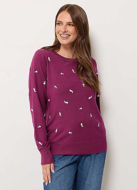 M&Co Women's Ditsy Floral Embroidered Jumper in Purple | Size: 18-20 - Image 3