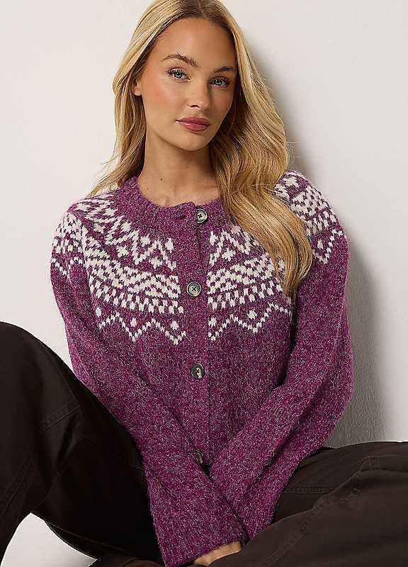 M&Co Women's Purple Button Up Fair Isle Cardigan In | Size: 18/20 - Image 3