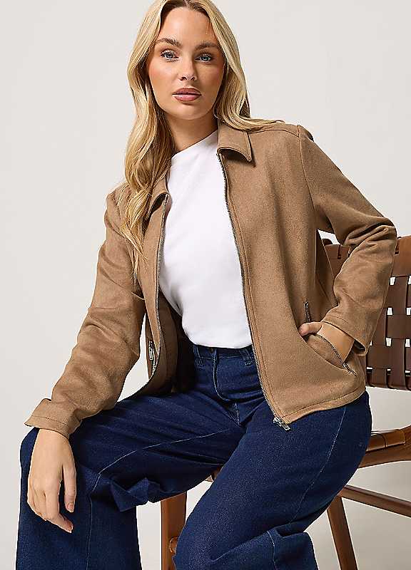 M&Co Women's Natural Faux Suede Bomber Jacket In | : Size 16 - Image 2