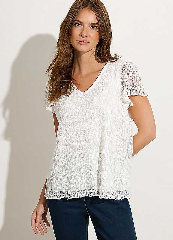 M&Co Women's Floral Lace V-Neck Top in White | Size: 12 - Image 2