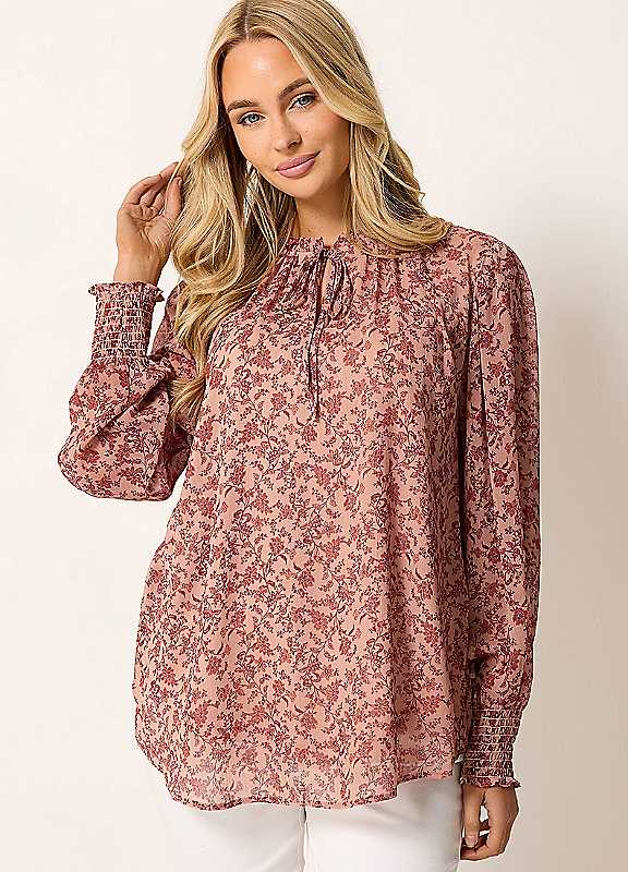 M&Co Women's Pink Floral Tie Neck Blouse In Size 8 - Image 2