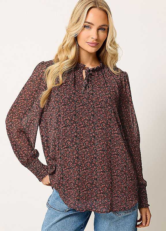 M & Co Women's Brown Floral Tie Neck Blouse - Image 3