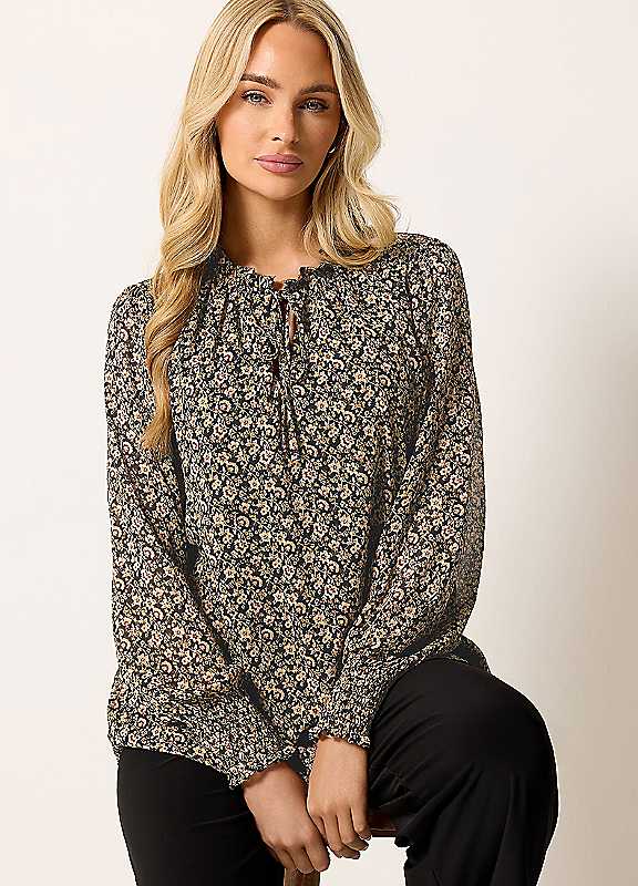 M&Co Brown Mco Floral Tie Neck Blouse
