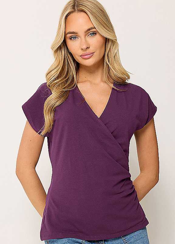 M&Co Women's Grown-On Sleeve Cotton Wrap Top in Plum | Size: 12 - Image 3