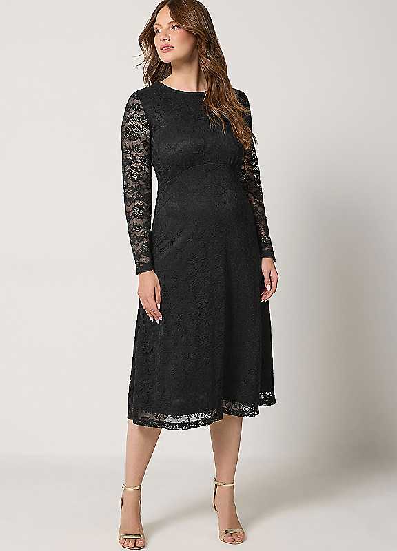 M&Co Black Mco Lace Long Sleeve Midi Dress