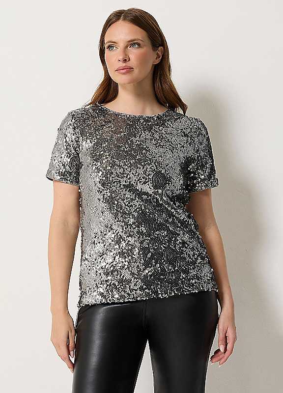 M&Co Women's Silver Layered Sequin Top In | : Size 10 - Image 6