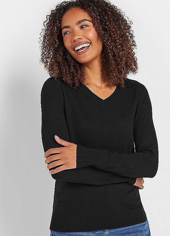 M&Co Women's Black Long Sleeve V-Neck Jumper In | : 26/28 - Image 7