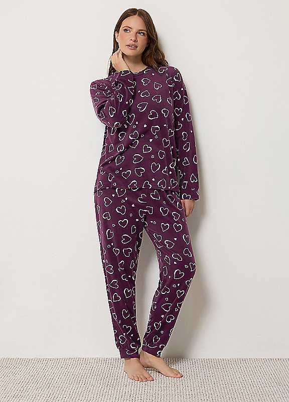 M&Co Women's Burgundy Printed Fleece Cuffed Pyjama Set In | Size: 18/20 - Image 2