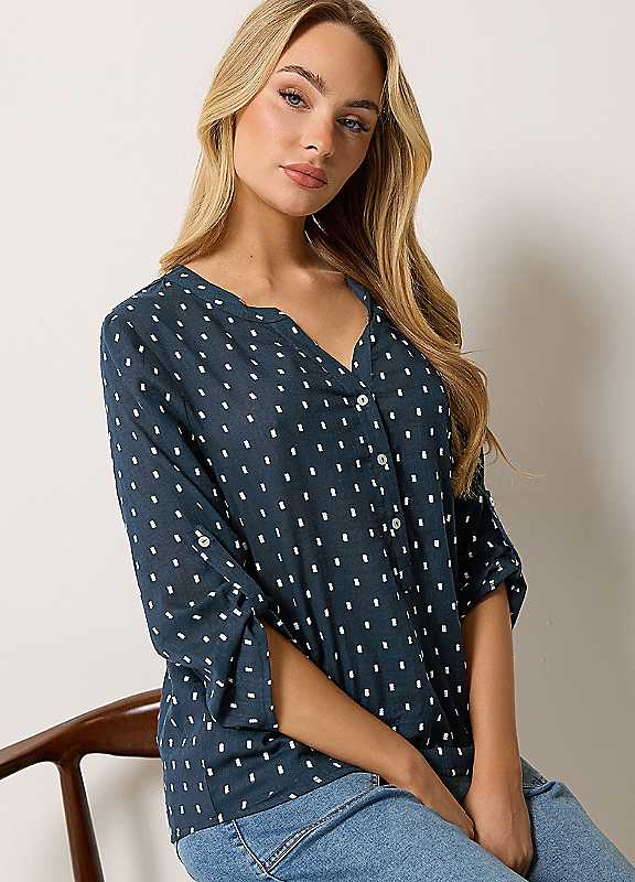 M & Co Women's Blue Notch Neck Long Sleeve Dobby Shirt - Image 2