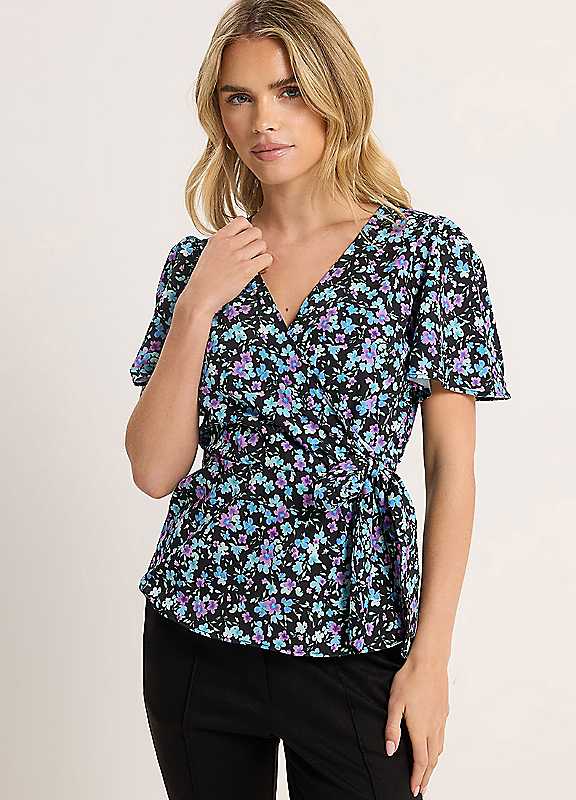 M&Co Women's Black Petite Ditsy Print Wrap Blouse In | Size: 14 - Image 6
