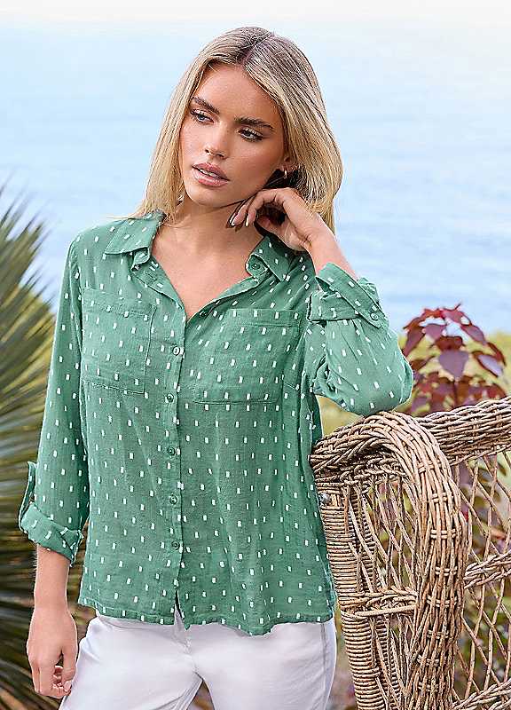 M&Co Women's Green Petite Printed Long Sleeve Shirt In | Size: 14 - Image 7