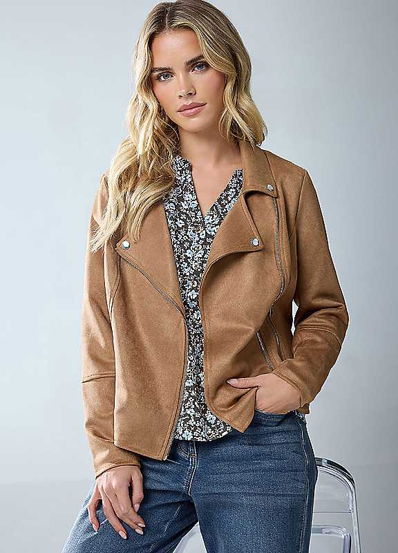 M&Co Brown Mco Petite Faux Suede Biker Jacket - Image 4