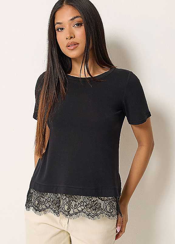M&Co Women's Black Petite Lace Hem T-Shirt In | Size: 18 - Image 3
