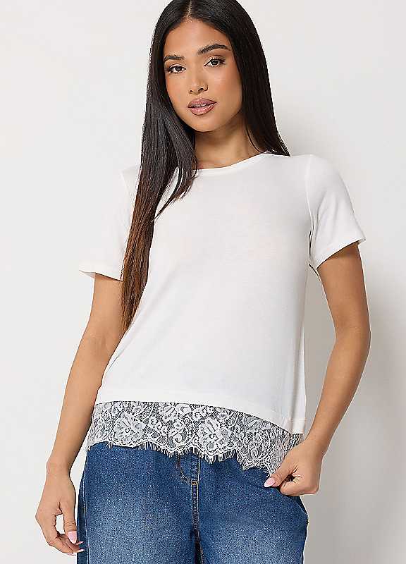 M & Co Women's Cream Lace Hem T-Shirt - Image 3
