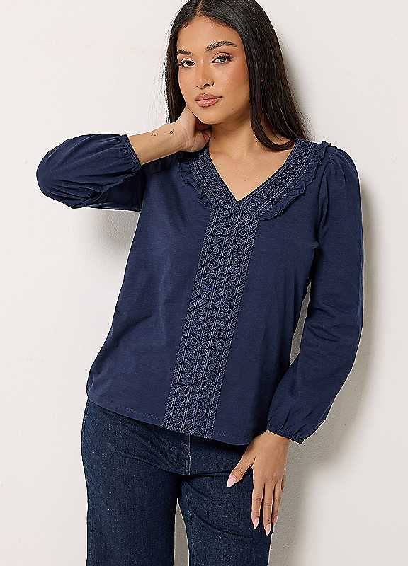 M&Co Women's Long Sleeve Frill Detail Cotton Blouse in Dark Navy | Size: 12 - Image 2