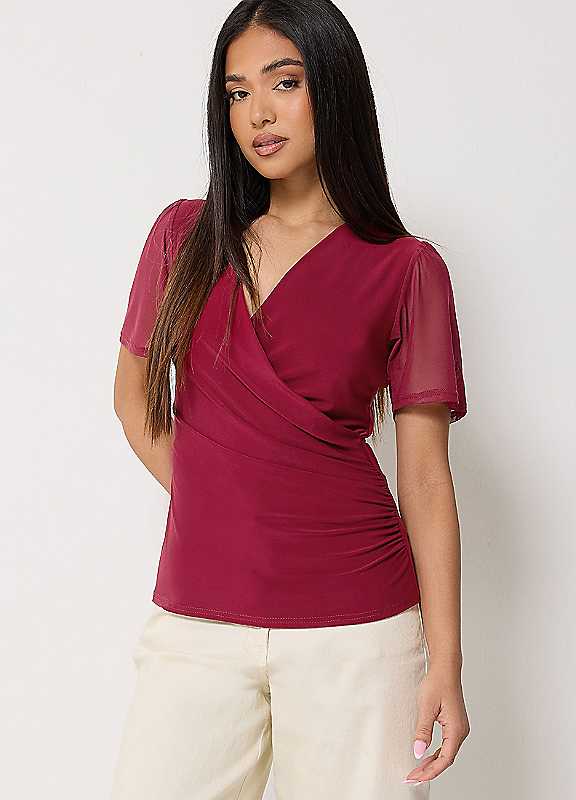 M&Co Women's Petite Mesh Wrap Top in Wine | Size: 10 - Image 2