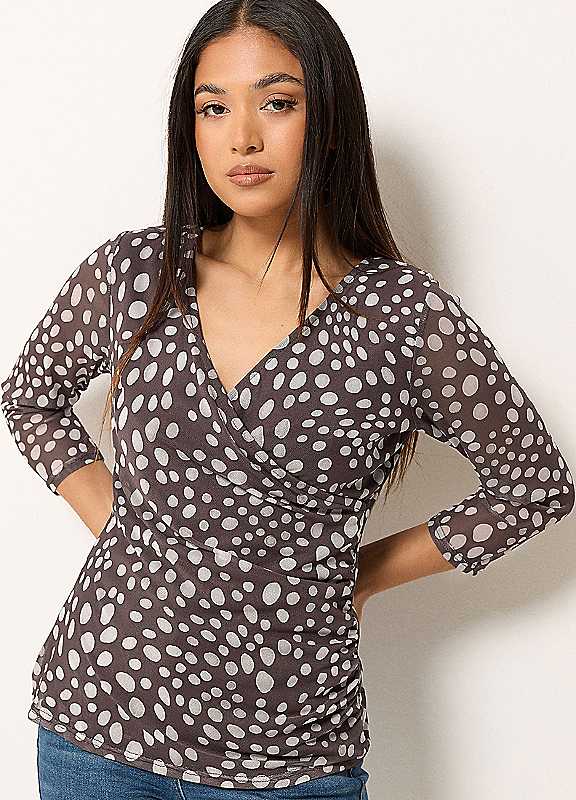 M&Co Women's Chocolate Petite Polka Dot Mesh Sleeve Wrap Top In | Size: 14 - Image 6