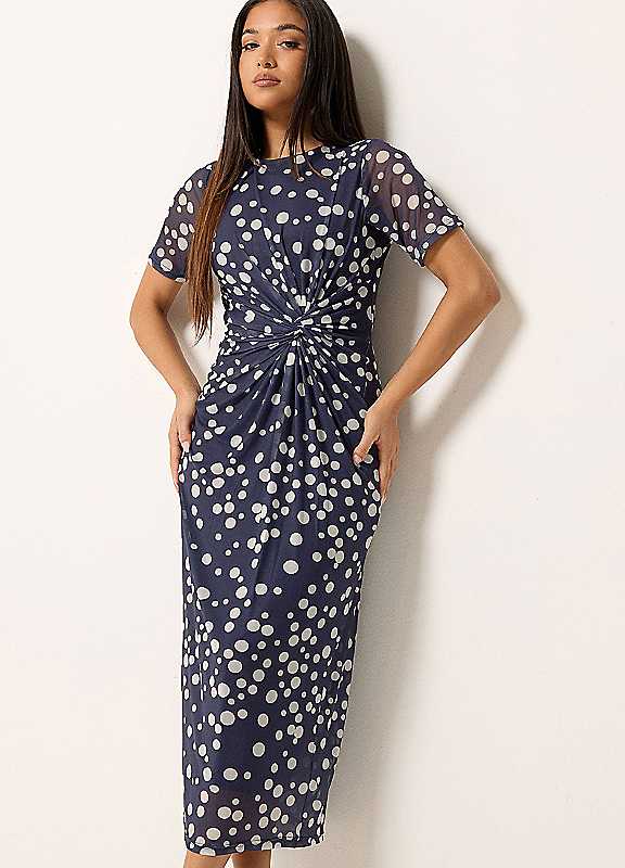 M&Co Women's Petite Polka Dot Mesh Maxi Dress in Dark Blue | Size: 8 - Image 2
