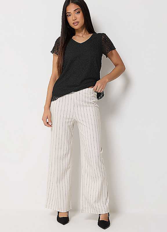 M&Co Women's Ivory Petite Stripe Wide Leg Trousers In | Size: 18 - Image 7