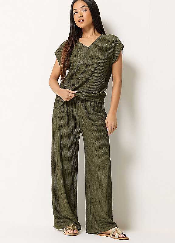 M&Co Petite Green Textured Wide Leg Trousers - Women's - Image 7