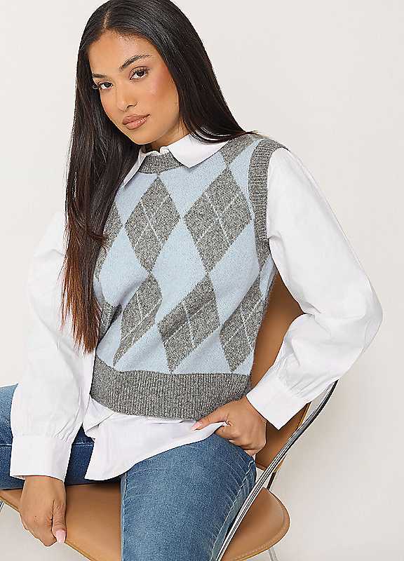 M&Co Petites Women's Grey Mco Petites Argyle 2-In-1 Jumper