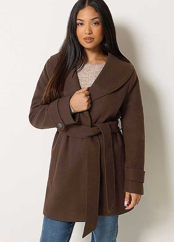M&Co Petites Women's Brown Mco Petites Belted Midi Coat