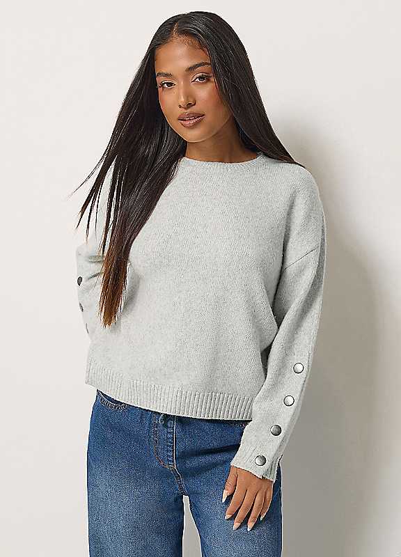 M&Co Women's Light Grey Petite Button Sleeve Crew Neck Jumper In | Size: 8/10 - Image 2