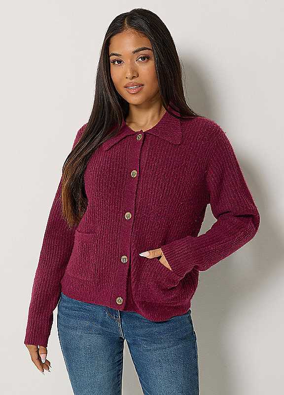 M&Co Women's Dark Red Petite Button Up Front Pocket Cardigan In | Size: 8-10 - Image 2