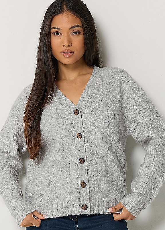 M&Co Women's Light Grey Petite Cable Knit V-Neck Cardigan In | Size: 12-14 - Image 2