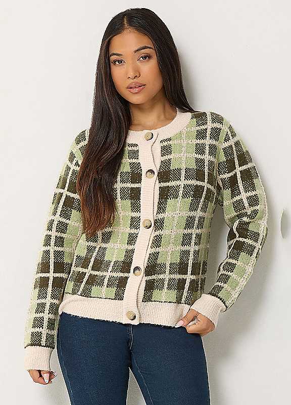 M&Co Petites Women's Green Mco Petites Check Cardigan