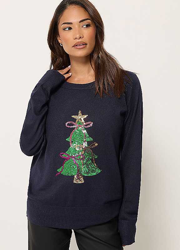 M&Co Petites Women's Blue Mco Petites Christmas Tree Jumper