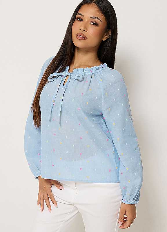 M&Co Women's Light Blue Petite Dobby Tie Neck Blouse In | : Size 12 - Image 3