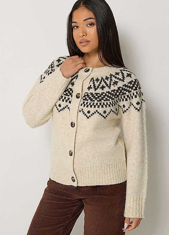 M&Co Women's Petite Fair Isle Cardigan Sweater in Natural | Size: 16-18 - Image 3