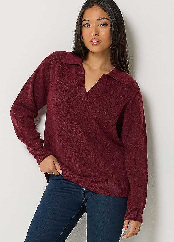 M & Co Women's Red Petite Half Placket Colla Jumper - Image 2