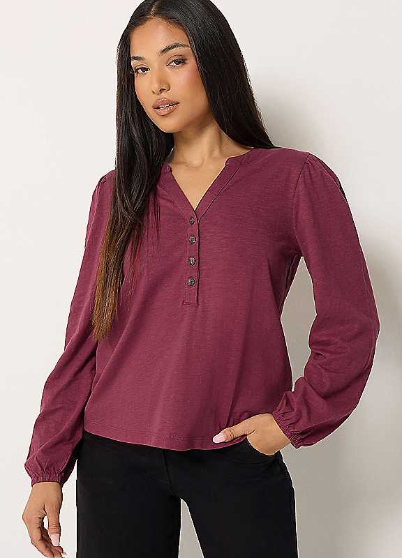 M&Co Women's Dark Red Petite Half Placket Cotton Long Sleeve Top In Size 16 - Image 6