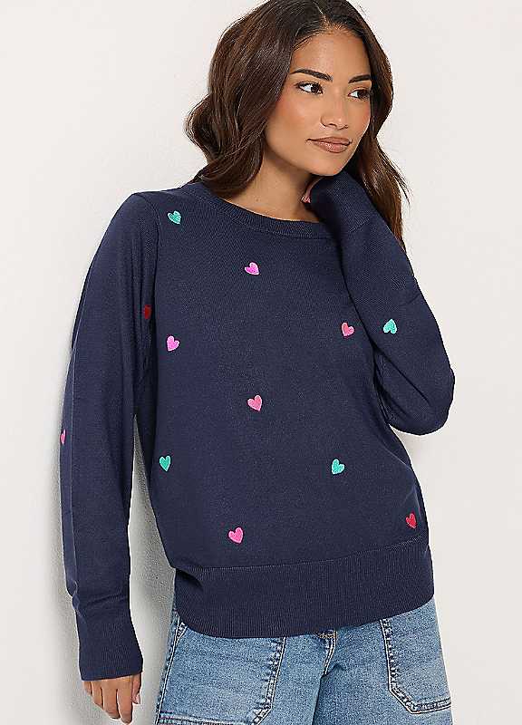 M&Co Women's Dark Navy Petite Heart Jumper In | Size: 10-12 - Image 2