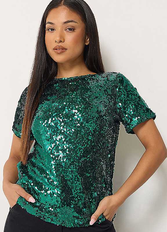 M&Co Women's Dark Green Petite Layered Sequin Top In | Size: 18 - Image 7