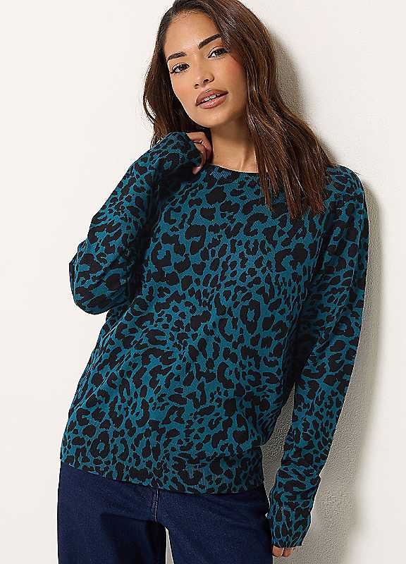 M&Co Petites Women's Blue Mco Petites Leopard Print Jumper