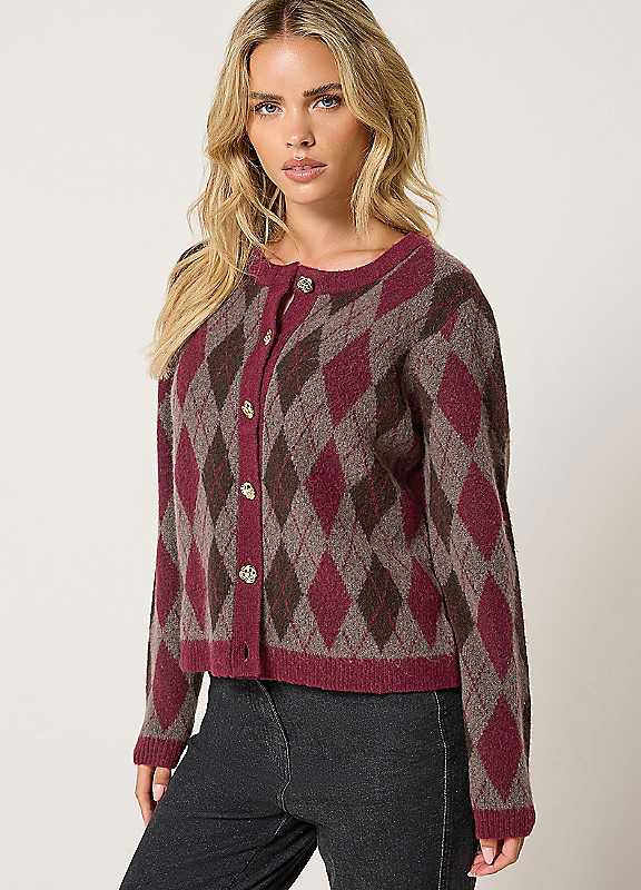 M&Co Women's Burgundy Petite Argyle Button Through Cardigan In | Size: 8/10 - Image 2