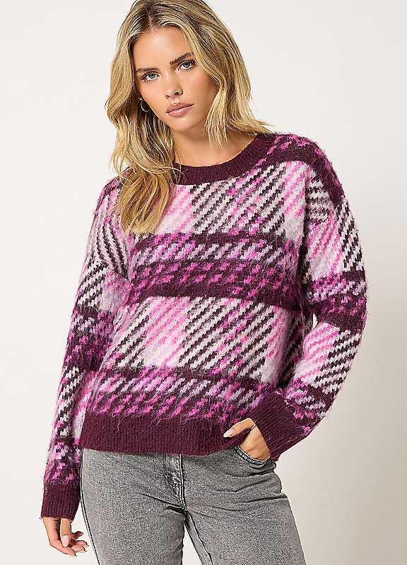 M&Co Women's Burgundy Petite Brushed Check Jumper In | Size: 8/10 - Image 3