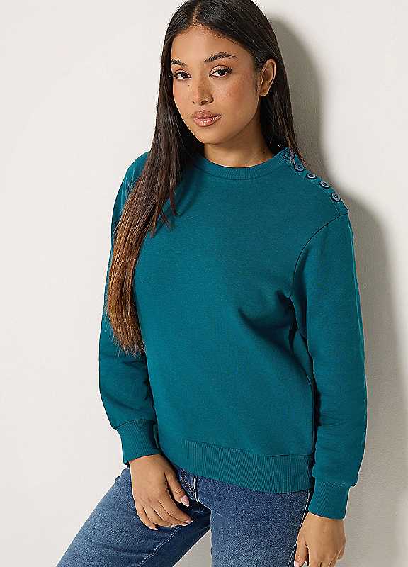 M&Co Women's Teal Petite Button Detail Sweatshirt In | Size: 18 - Image 6