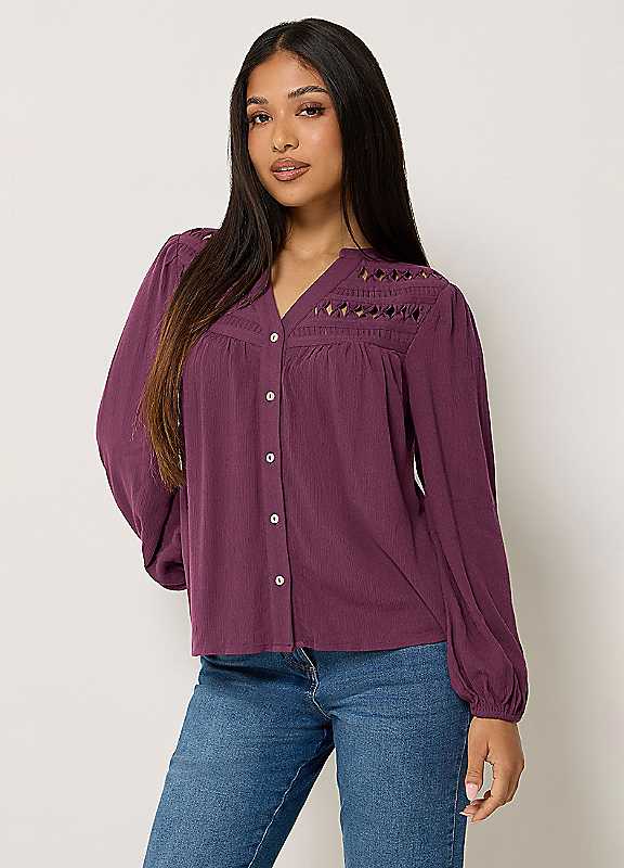 M&Co Women's Purple Petite Crochet Long Sleeve Blouse In | Size: 10 - Image 3