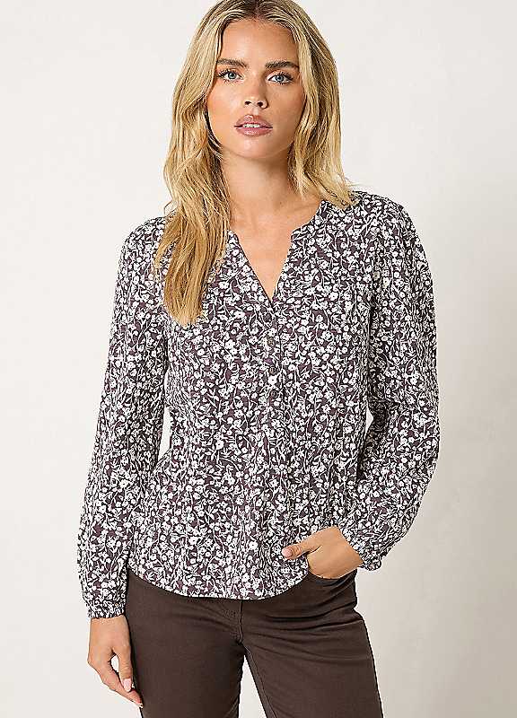 M&Co Women's Dark Mauve Petite Half Placket Cotton Top In Size 8 - Image 2
