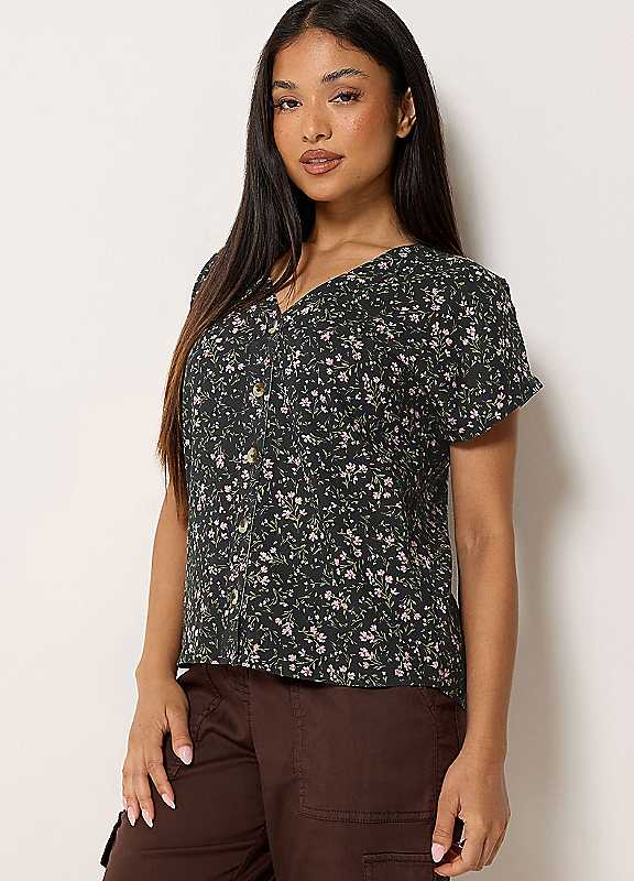 M&Co Women's Black Petite Floral Button Front Blouse In | Size: 16 - Image 6