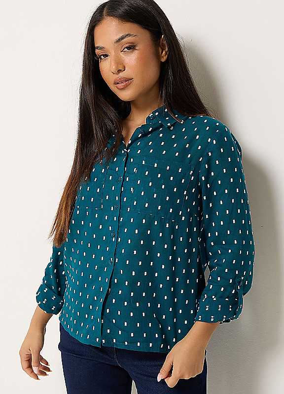 M&Co Petite Green Dobby Long Sleeve Cotton Shirt - Women's - Image 3
