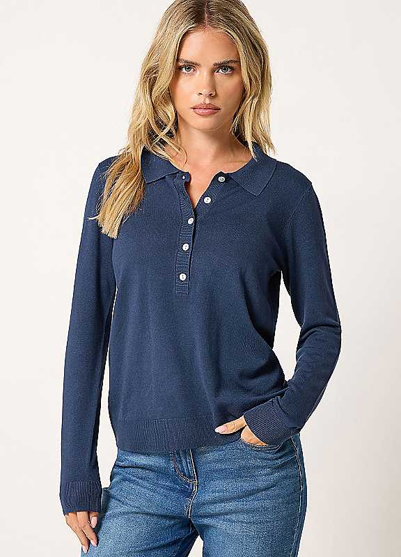 M&Co Women's Dark Navy Petite Half Placket Jumper In Size 8-10 - Image 4