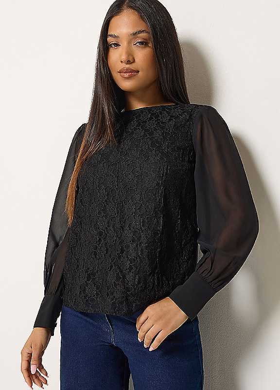 M&Co Women's Black Petite Lace Front Chiffon Blouse In Size 14 - Image 3