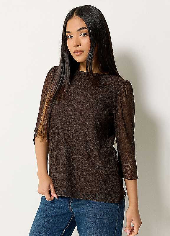 M&Co Women's Petite Lace Top in Chocolate | Size: 16 - Image 2